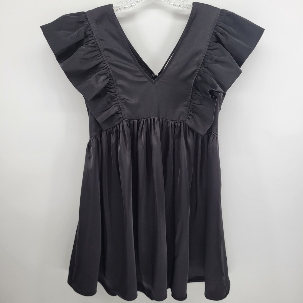 Entro Black Ruffle Sleeve Babydoll Mini Dress V-Neck Satin Feel D18663 Womens S